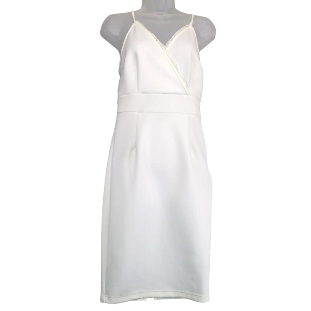 Venus White Wrap V-Neck Bodycon Dress Sz 6 Lace Trim Scuba Bachelorette Style